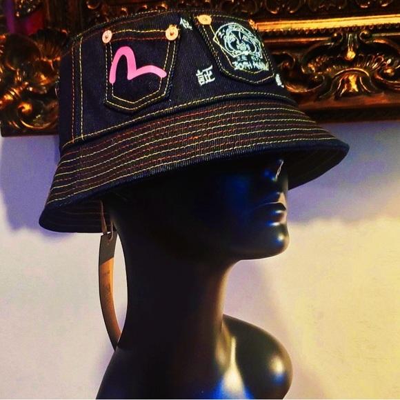 Evisu Multi-color Bucket Hat Embroidered Print Multi-Pockets Denim NWT w Bag - Picture 5 of 11
